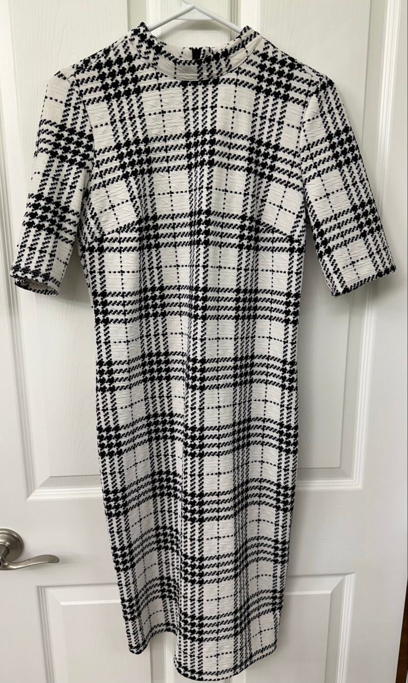 Tacera Small white black dress mock neckline half sleeves knee length business